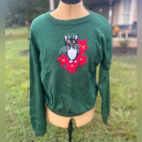 ModCloth cat sweater. Ugly sweater. Cat lover. Green and red. Size XL. Crew neck - Picture 1 of 5